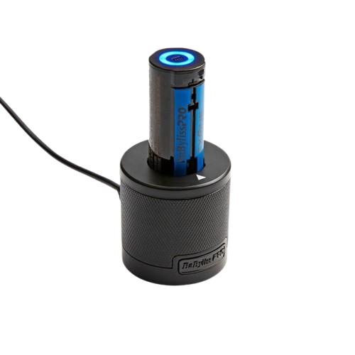 Black electronic device with blue light on a white background