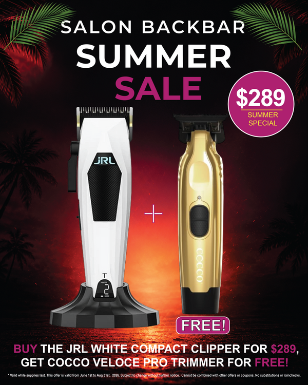 Advertisement for JRL hair clippers with a gold cocco trimmer, featuring a summer sale offer.