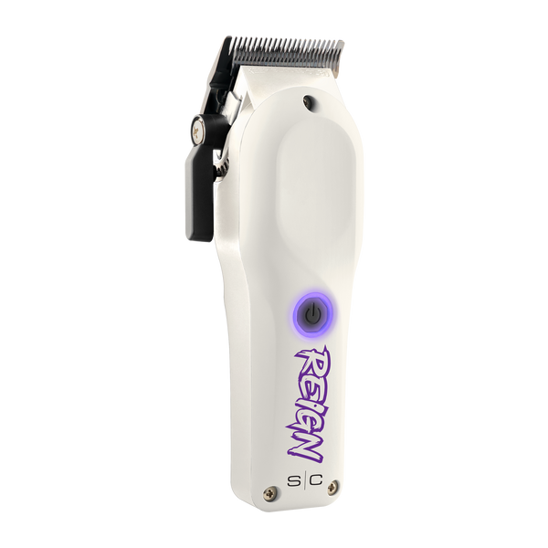 White hair clipper with purple branding on a white background