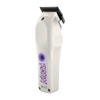 Side angle of white hair clipper with purple logo on a white background