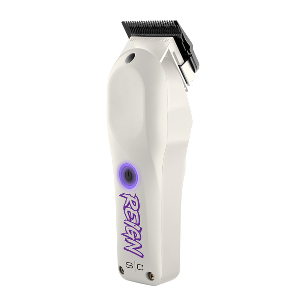Side angle of white hair clipper with purple logo on a white background