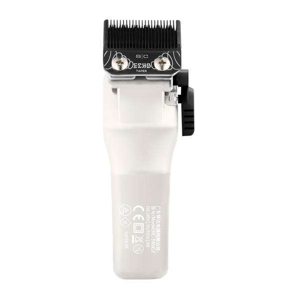 Hair clipper with black top and white handle on a white background