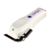 White grooming tool with black blade and purple logo on a white background