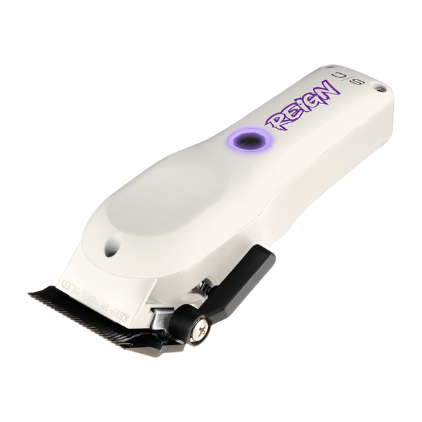 White grooming tool with black blade and purple logo on a white background