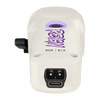 White electronic device with purple and black text on a white background