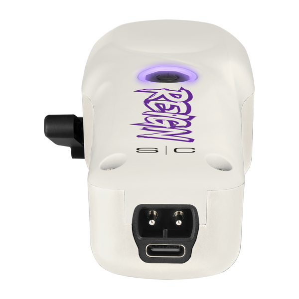 White electronic device with purple and black text on a white background