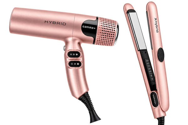 Gamma+ X-Hybrid Rose Gold Hair Dryer &  1" Flat Iron Set