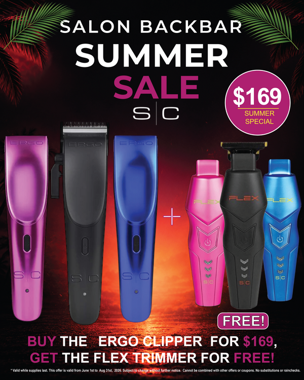 Advertisement for salon backbar summer sale with stylecraft ergo hair clipper and flex trimmer on a dark background.