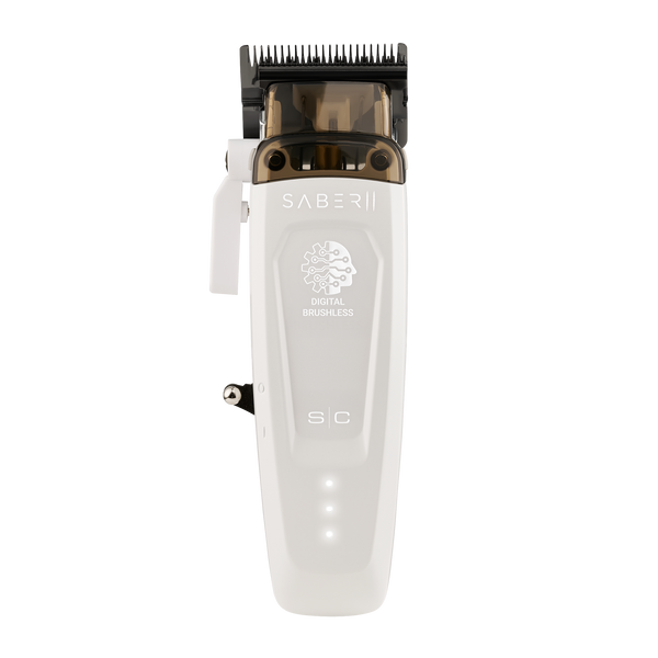 White hair clipper with black top on a white background