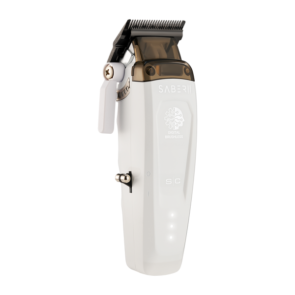 Hair clipper with white body and brown accents on a white background