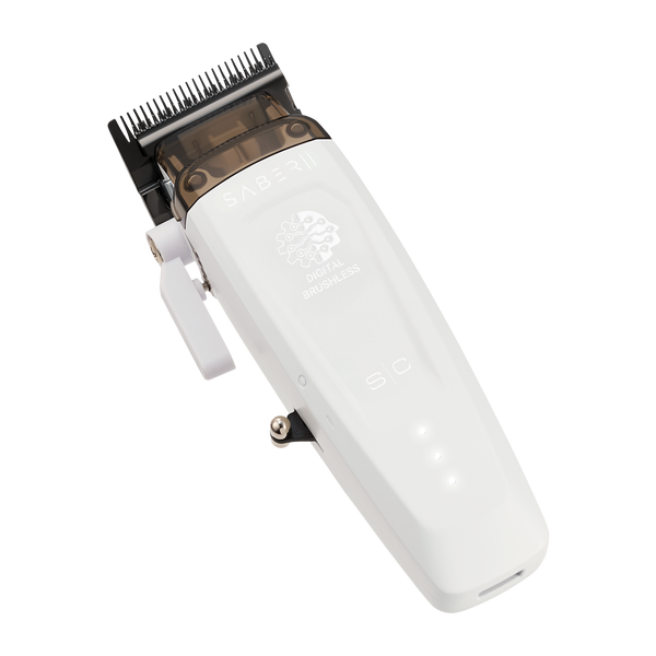 White hair clipper with black comb on a white background