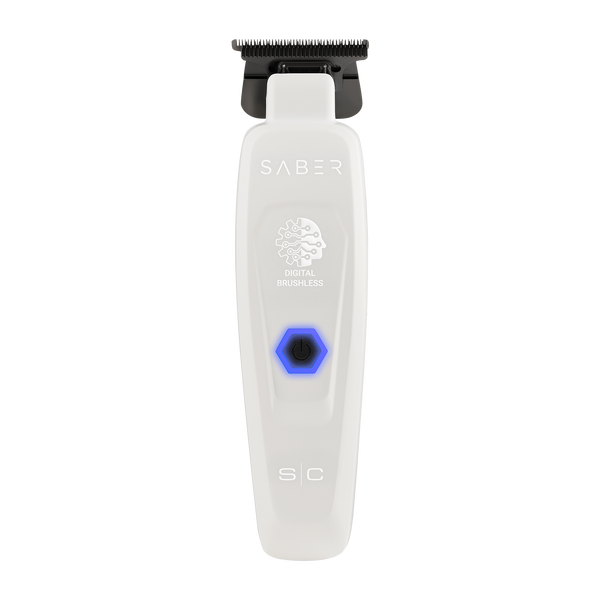 White hair trimmer with black top on a white background