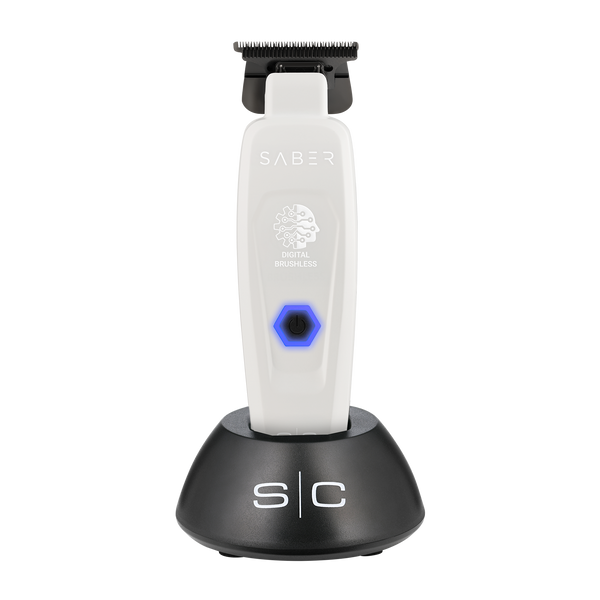 Hair trimmer with black and white design on a white background