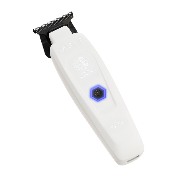 White grooming tool with black comb on a white background