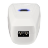 White electronic device with a blue light on a white background