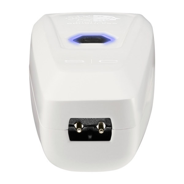 White electronic device with a blue light on a white background