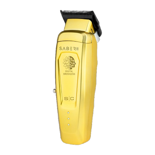 Gold hair clipper with 'Saber II' branding on a white background
