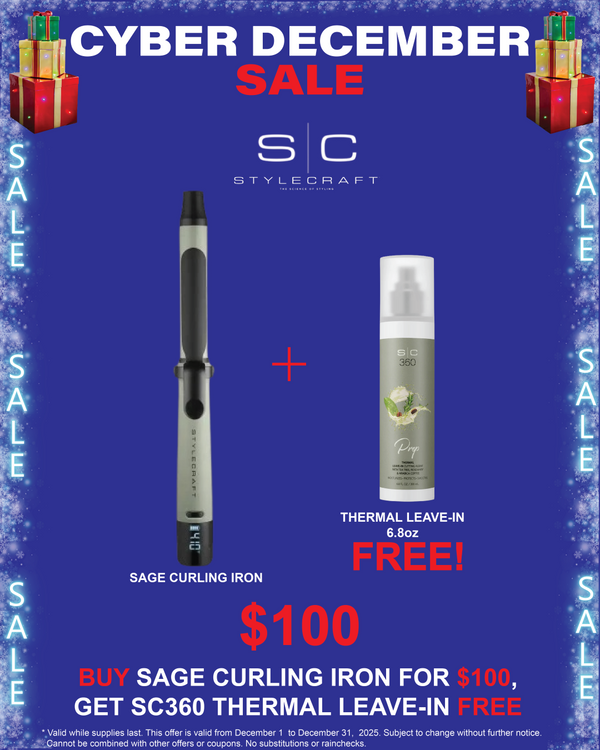 Advertisement for Stylecraft Sage Curling Iron and Thermal Leave-In with Cyber December Sale text on a blue background.