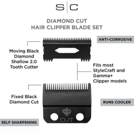 Stylecraft Replacement Diamond Cut Fixed Fade Hair Clipper Blade with Shallow Tooth 2.0 Moving Cutter Set SC540B