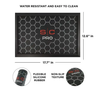 Black mat with honeycomb pattern and S/C Pro logo, featuring text about water resistance and cleaning, dimensions, and material details.