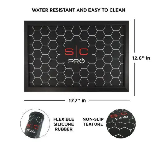 Black mat with honeycomb pattern and S/C Pro logo, featuring text about water resistance and cleaning, dimensions, and material details.