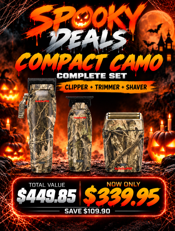 Promotional graphic for a 'Spooky Deals Compact Camo Complete Set' featuring three cordless hair trimmers in a woodland camouflage pattern against a Halloween-themed background with jack-o'-lanterns, a haunted house, and a full moon. The text advertises a total value of $449.