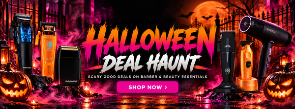 A Halloween-themed promotional banner for a 'Halloween Deal Haunt' featuring various hair grooming and beauty essentials. The products, including rotary hair trimmers, razors, and a hair dryer, are displayed against a spooky background with jack-o'-lanterns, a full moon, and a haunted house silhouette.
