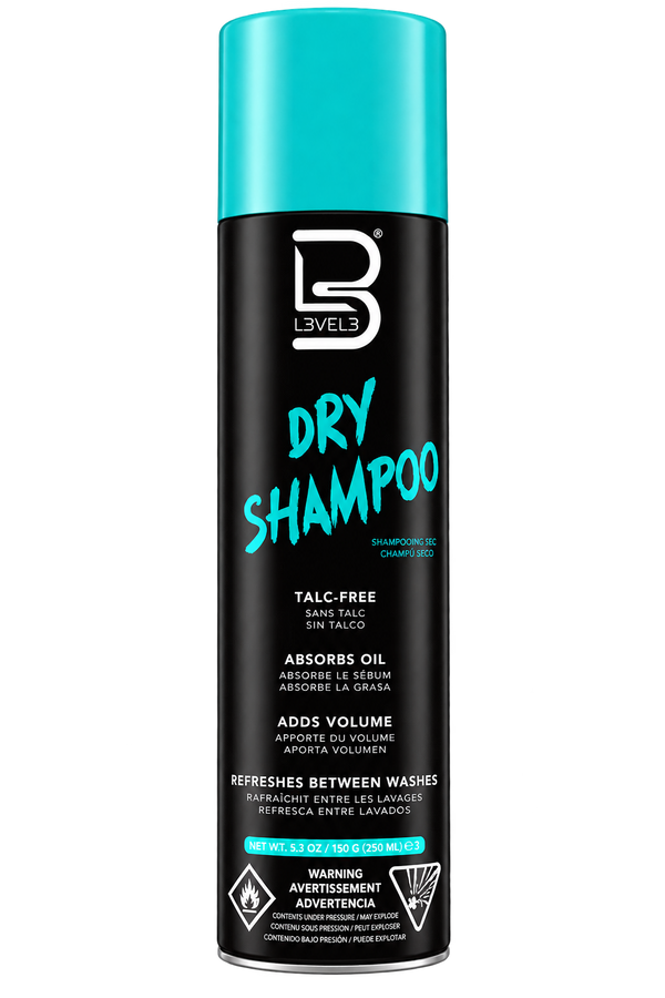 A can of Level 3 Dry Shampoo on a solid white background. The product features a black body with a bright turquoise cap and turquoise text, along with white text detailing its features.