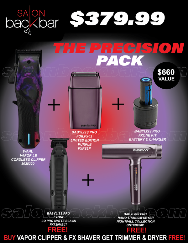 Salon Back Bar precision pack with various hair care products on a gradient background