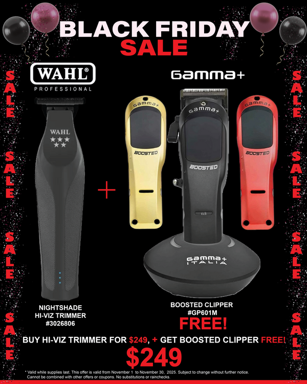 Black Friday sale advertisement for Wahl and Gamma+ hair clipper and trimmer with promotional text.