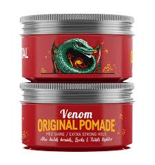 Two jars of Venom Original Pomade with a red label and silver lid.