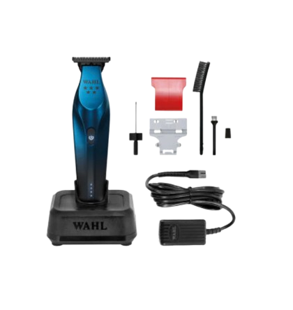 Wahl grooming kit with hi-viz air trimmer, attachments, and charging station on a white background