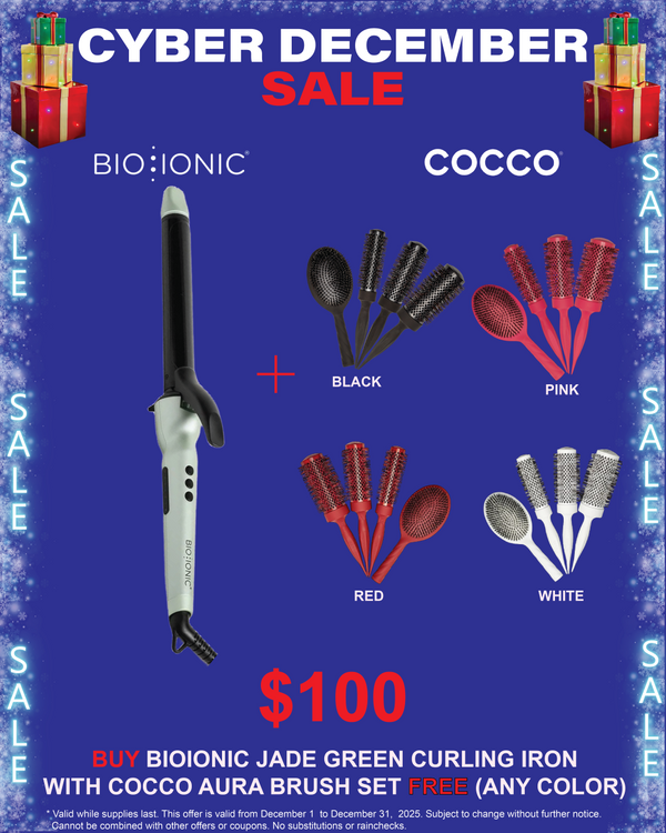 Advertisement for Bio Ionic and COCCO hair styling products with a Cyber December sale on a blue background.