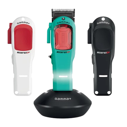 Gamma+ grooming tool set with three different attachments on a white background