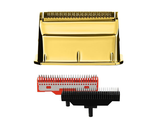Gold electric shaver head with red and black comb attachments on a white background