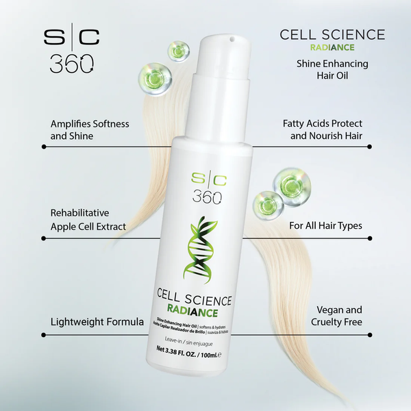 SC 360 Cell Science Radiance hair oil bottle with product features on a light gray background
