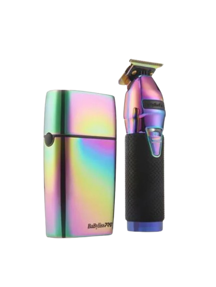 Hair trimmer with a colorful, iridescent finish on a white background