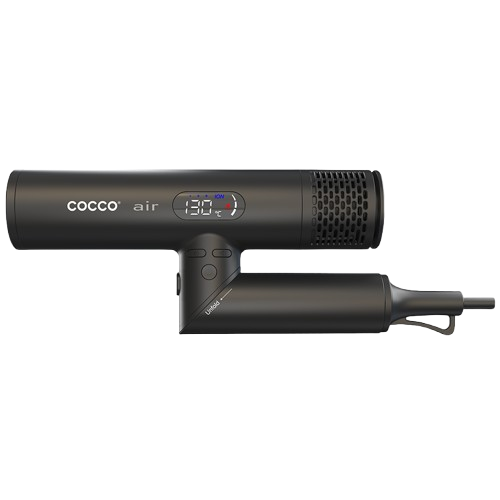 Black handheld hair dryer with digital display on a white background