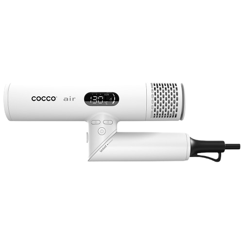 White hair dryer with digital display on a white background