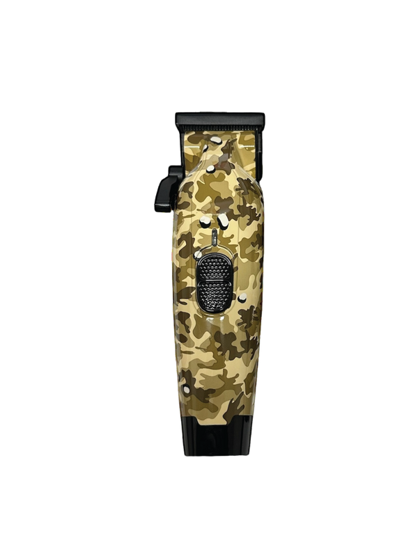 Camouflage-patterned hair clipper on a white background