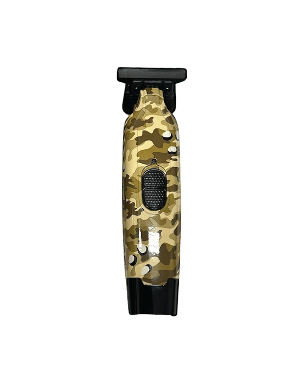 Camouflage-patterned hair trimmer on a white background