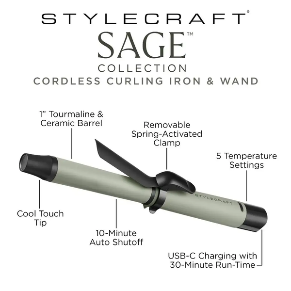 StyleCraft Sage 1” Cordless Spring Curling Iron & Wand with Removable Clamp