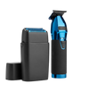 Blue and black grooming kit with shaver and trimmer on a white background