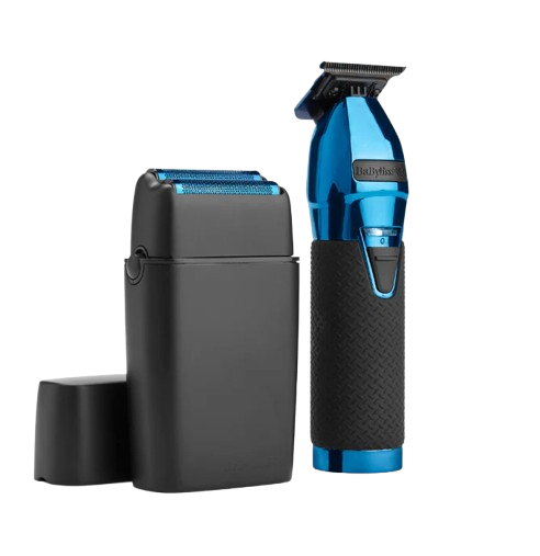 Blue and black grooming kit with shaver and trimmer on a white background