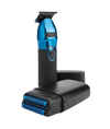 Black and blue grooming tool on a white background