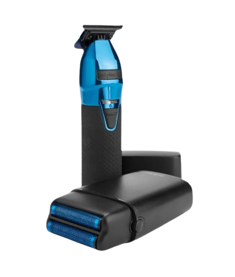 Black and blue grooming tool on a white background