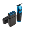 Black and blue electric shaver with charging station on a white background