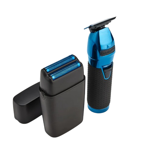 Black and blue electric shaver with charging station on a white background