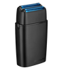Black electric shaver with blue blades on a white background