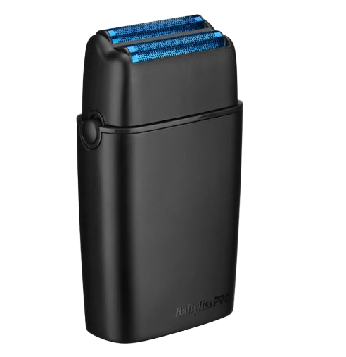 Black electric shaver with blue blades on a white background
